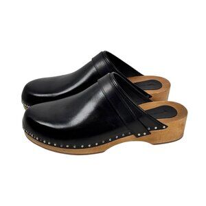 Isabel Marant Thalie Leather Clogs SZ 38 Black Wood Soles Studs Dutch Swedish
